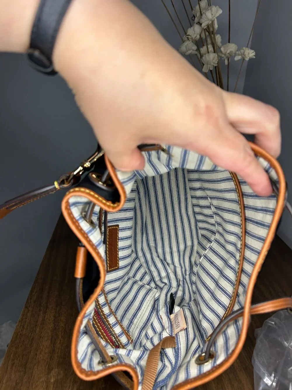 Dooney & Bourke Wayfarer Black Nylon Leather Drawstring Bucket Bag